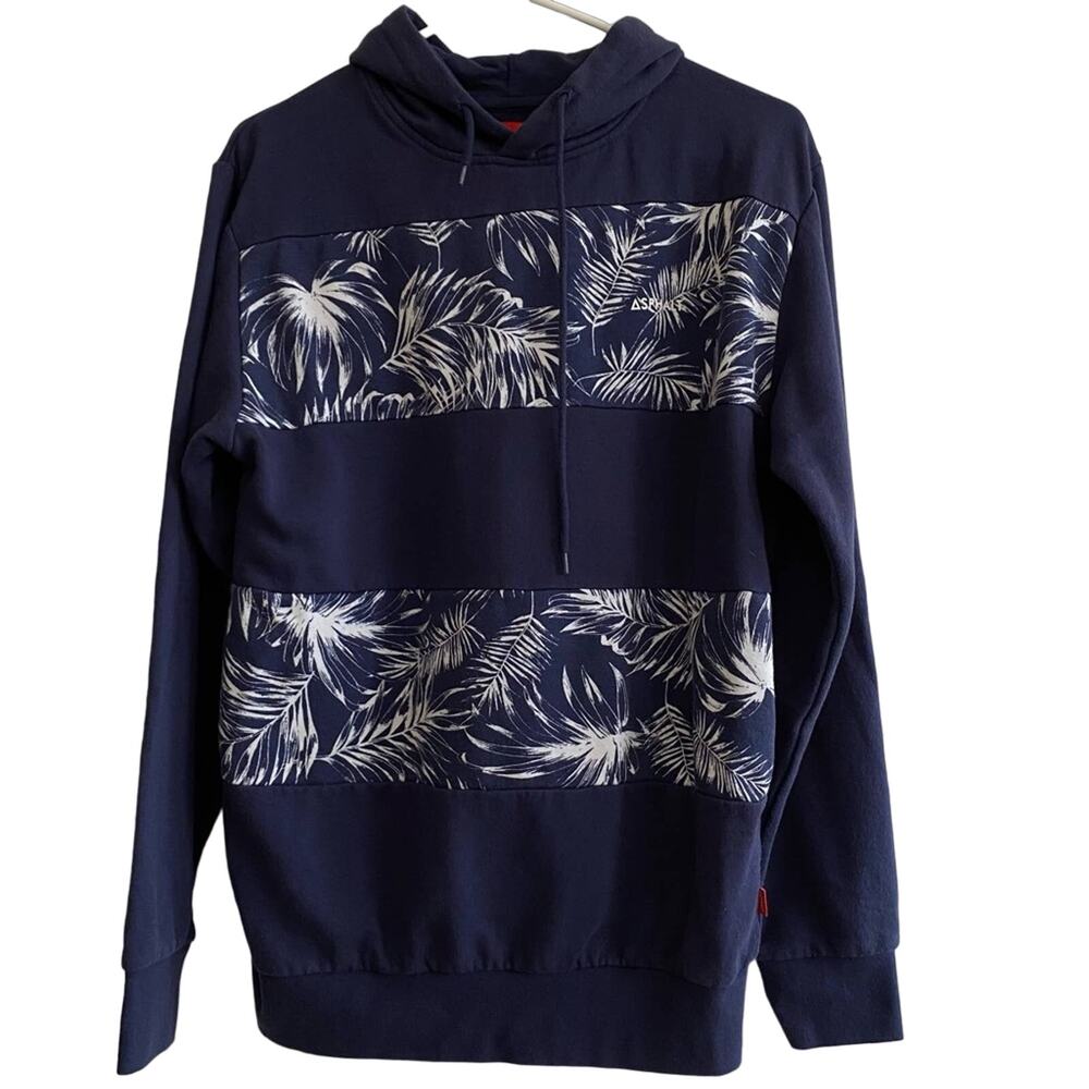 Men’s blue hoodie with Hawaiian design sz M Asphalt